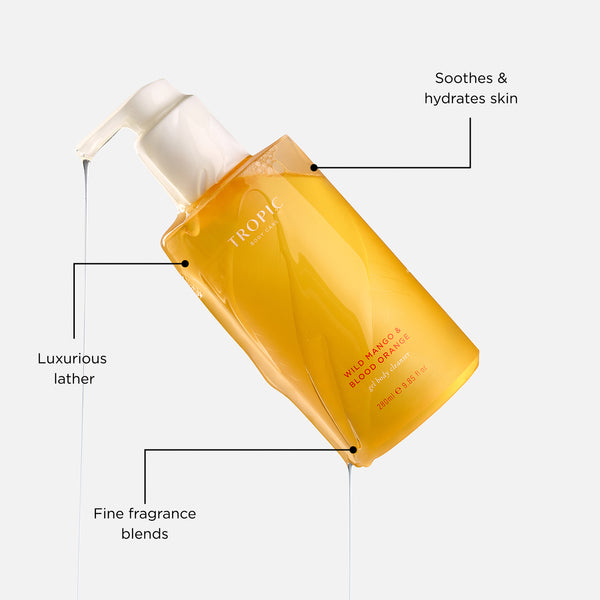 Wild Mango & Blood Orange Gel Body Cleanser highlighting rich lather, skin-loving hydration, and fine fragrance notes.