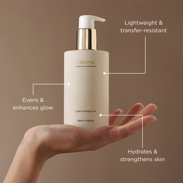 Summer Skin gradual tanning serum with callouts highlighting glow-enhancing, lightweight, transfer-resistant, and skin-hydrating benefits.