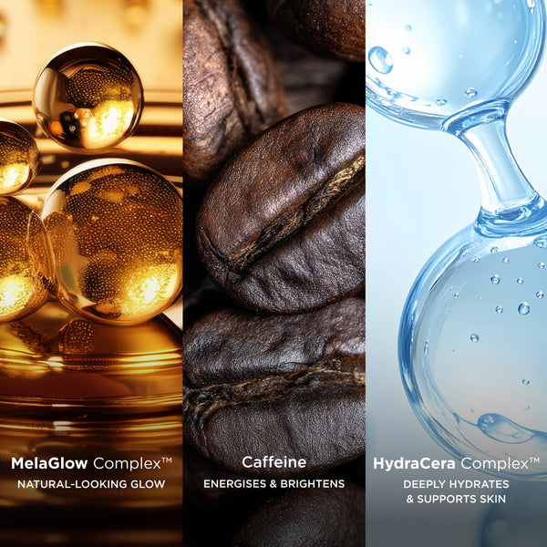 Ingredient-inspired visuals highlighting MelaGlow Complex™ for a natural-looking glow, caffeine to energise and brighten skin, and Hydracera Complex™ to deeply hydrate and support the skin barrier.
