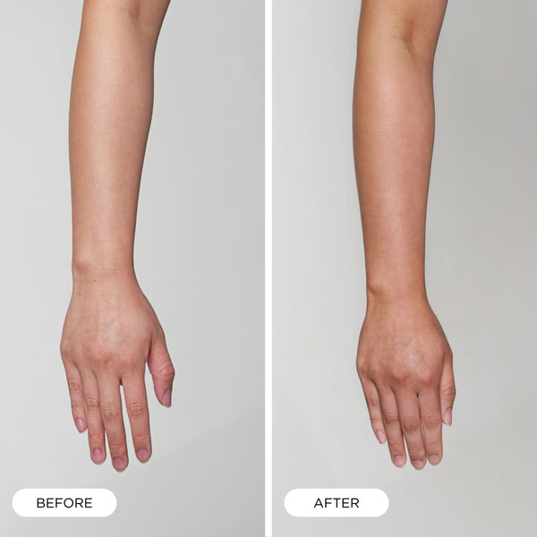 Before-and-after hand results showing natural-looking tanning effect.