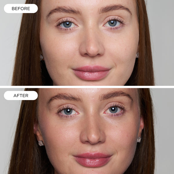 Before and after images showing a model with a subtle sun-kissed glow after using Tropic Sun Spritz.