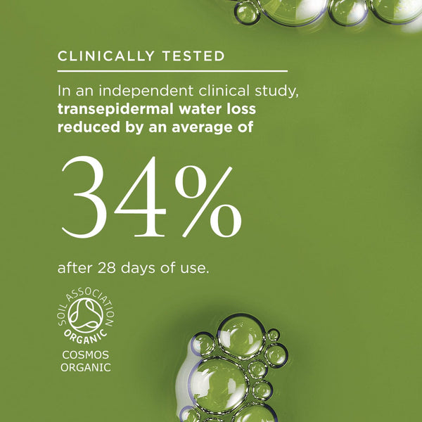 super greens texture and stat: Clinically Tested, In an independent clinical study, transepidermal water loss reduced by an average of 34% after 28 days of use. Features the Soil Association Organic COSMOS logo.