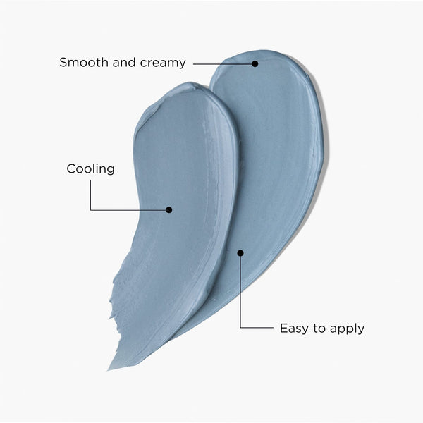 Two smooth swipes of Tropic’s New Horizons Blemish-Clearing Mask in a cooling blue shade, with annotations highlighting its smooth and creamy texture, cooling, and easy to apply.
