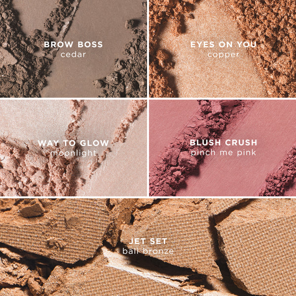 A macro collage of five crushed makeup powders, each labelled with its product name and shade. The top left shows a taupe-brown brow powder labelled “Brow Boss – cedar.” The top right features a shimmering copper eyeshadow labelled “Eyes On You – copper.” The middle left shows a soft champagne highlighter labelled “Way to Glow – moonlight.” The middle right displays a matte rosy pink blush labelled “Blush Crush – pinch me pink.” The bottom section shows a warm bronze powder labelled “Jet Set – Bali bronze.”