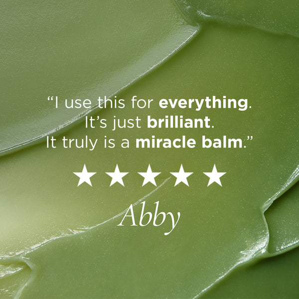 Tamanu balm texture with customer review overlaid 