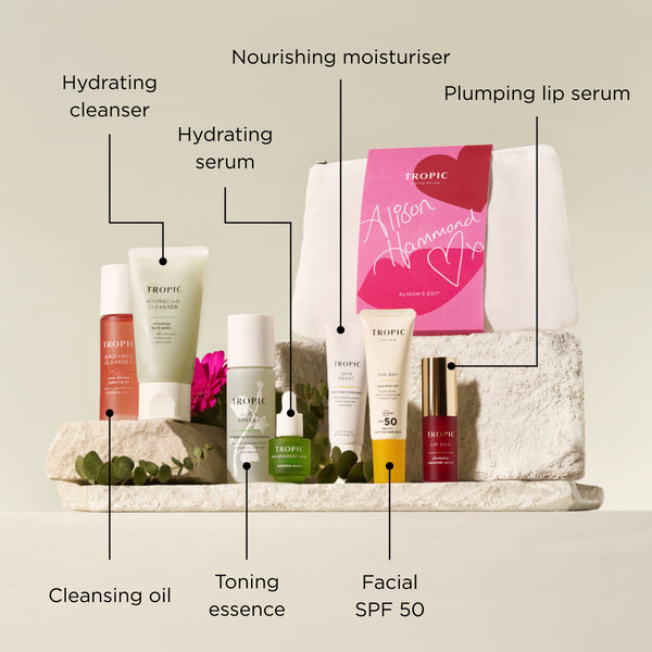 Alison's Edit displayed with labelled products, including cleansing oil, hydrating cleanser, toning essence, hydrating serum, nourishing moisturiser, facial SPF 50, and plumping lip serum.
