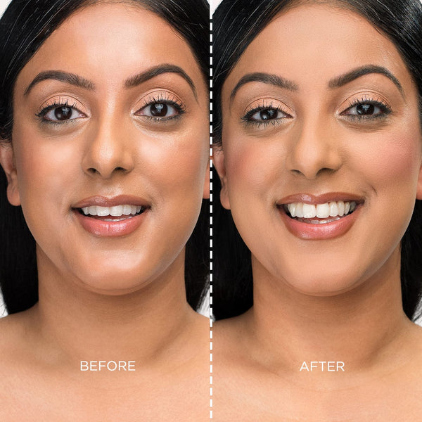 A side-by-side comparison of a woman’s face labelled “Before” and “After.” In the “Before” image, her skin appears dewier with more noticeable shine on the forehead and cheeks. In the “After” image, her complexion looks more matte, smooth, and even, with softened shine and enhanced definition. A vertical dashed line separates the two photos.