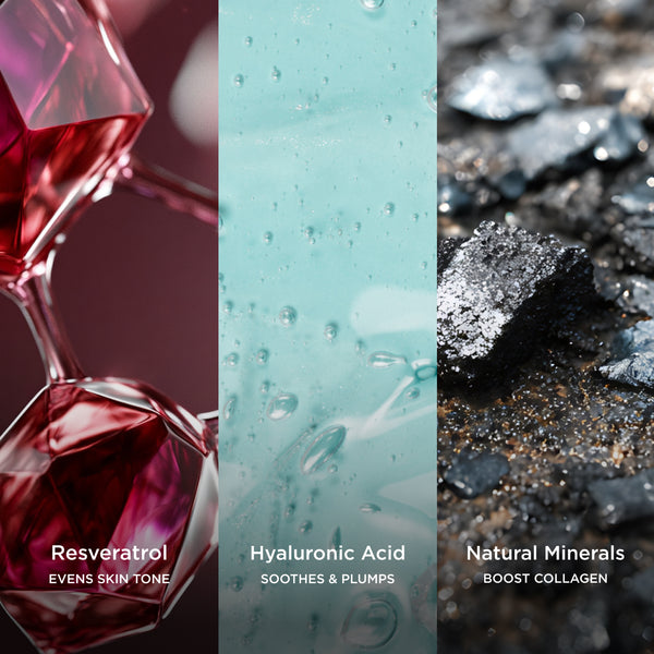 Three vertical panels highlighting key skincare ingredients. The left panel features ruby-red resveratrol crystals, labelled “Resveratrol – Evens Skin Tone.” The centre panel shows pale blue hyaluronic acid gel with suspended bubbles, labelled “Hyaluronic Acid – Soothes & Plumps.” The right panel displays dark natural mineral fragments, labelled “Natural Minerals – Boost Collagen.”
