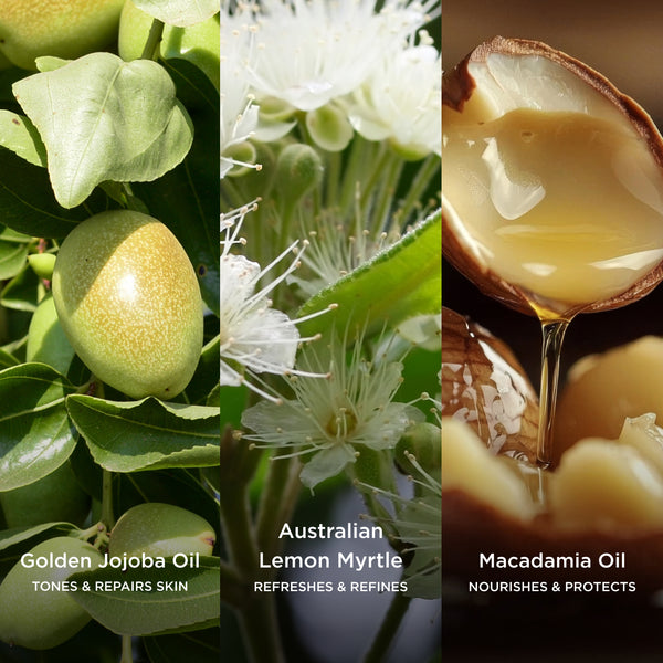 Golden Jojoba Oil tones and repairs skin, Australian Lemon Myrtle refreshes and refines, and Macadamia Oil nourishes and protects in a botanical body care ingredient collage.