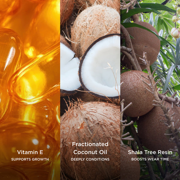 Three-panel ingredient image featuring golden vitamin E capsules, fractionated coconut oil with fresh coconuts, and shala tree resin growing on branches, showcasing ingredients that help support brow growth, deeply condition hairs, and improve product wear time.