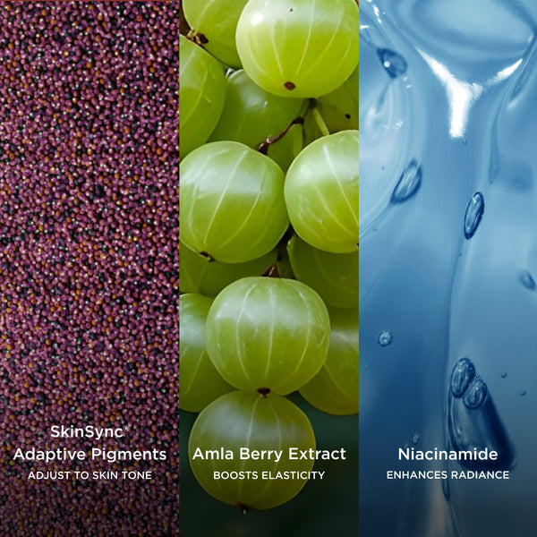 Three vertical sections showing SkinSync Adaptive Pigments, Amla Berry Extract, and Niacinamide with corresponding text descriptions.