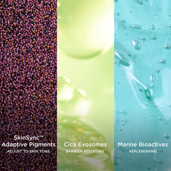 Three different textures with labels for SkinSync Adaptive Pigments, Cica Exosomes, and Marine Bioactives.