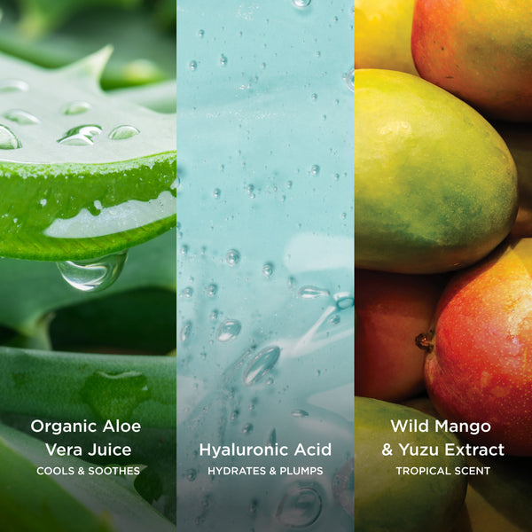 Three ingredient images featuring organic aloe vera juice to cool and soothe, hyaluronic acid to hydrate and plump, and wild mango with yuzu extract for a tropical scent.
