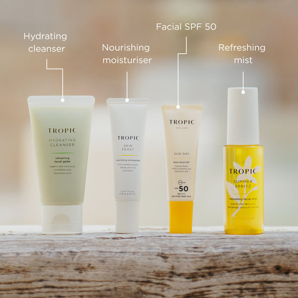 Carry-On Collection featuring a hydrating cleanser refreshing facial gelee, Skin Feast nourishing moisturiser, Sun Day dewy facial SPF 50 and Summer Spritz refreshing facial mist.
