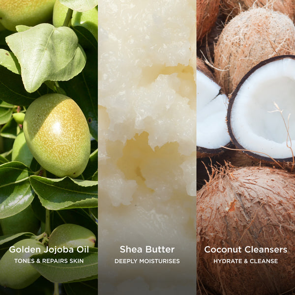 Golden Jojoba Oil tones and repairs skin, Shea Butter deeply moisturises, and Coconut Cleansers hydrate and cleanse in a nourishing skincare ingredient collage.
