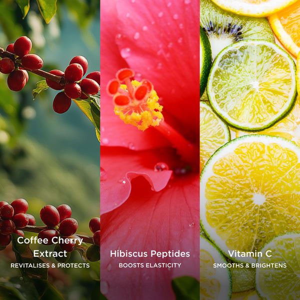 Coffee Cherry Extract revitalises and protects, Hibiscus Peptides boosts elasticity, and Vitamin C smooths and brightens shown in a tropical ingredient collage.