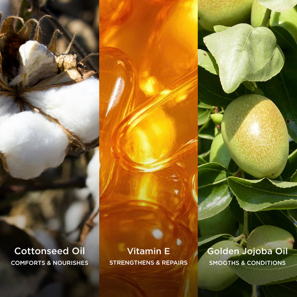 Three-panel ingredient image featuring cottonseed oil, golden vitamin E capsules, and jojoba fruit on the branch, showcasing conditioning ingredients that nourish, strengthen, and smooth.