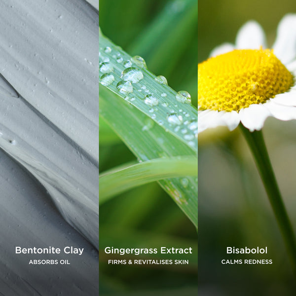 Bentonite Clay absorbs oil, Gingergrass Extract firms and revitalises skin, and Bisabolol calms redness.