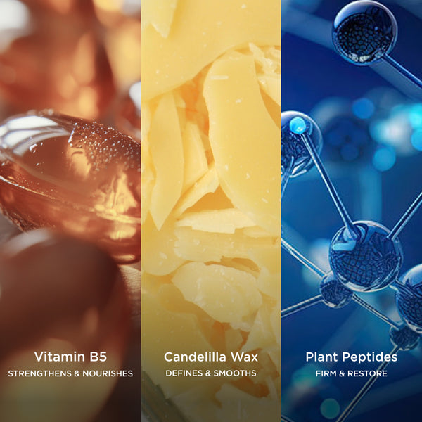 Three-panel ingredient image displaying vitamin B5, natural candelilla wax flakes, and plant peptides illustrated as molecular structures, highlighting ingredients that nourish, define, and help support lashes.