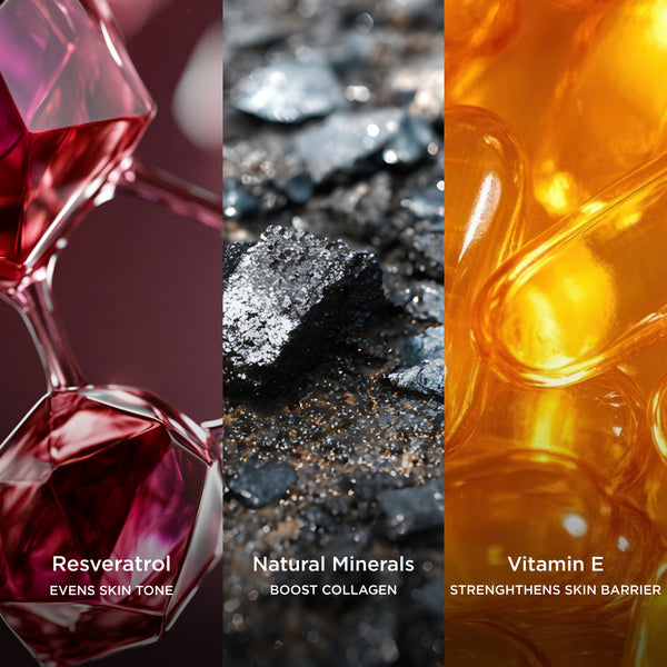Three-panel ingredient image featuring resveratrol represented by ruby-red crystalline structures, natural minerals with shimmering mineral fragments, and golden vitamin E capsules, showcasing ingredients that help even skin tone, support collagen, and strengthen the skin barrier.