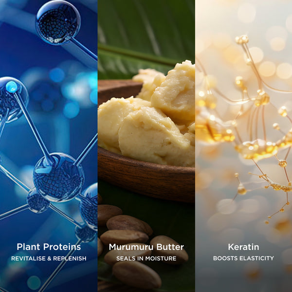 Ingredient collage featuring Plant Proteins, Murumuru Butter and Keratin, with on-image text highlighting their benefits: 