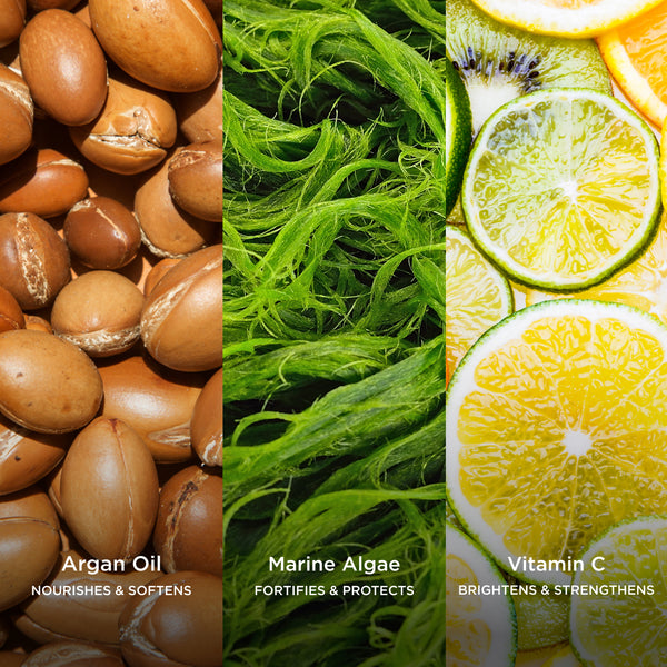 Ingredient collage featuring Argan Oil, Marine Algae and Vitamin C, with on-image text highlighting their benefits: 