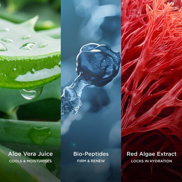 Aloe Vera Juice cools and moisturises, Bio-Peptides firm and renew, and Red Algae Extract locks in hydration shown in close-up botanical textures.