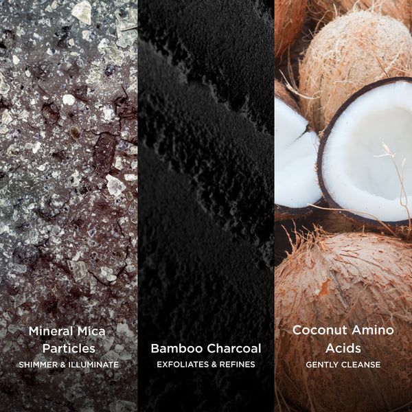 Ingredient graphic featuring mineral mica particles, bamboo charcoal and coconut amino acids. The image includes the text: 