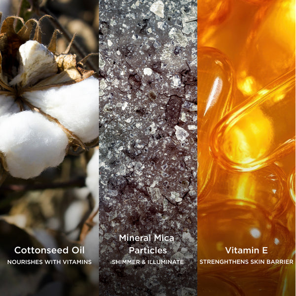 Three-panel ingredient image featuring cottonseed oil in a cotton ball, mineral mica particles with a shimmering mineral texture, and golden vitamin E capsules, showcasing ingredients that nourish with vitamins, add a luminous glow, and help strengthen the skin barrier.