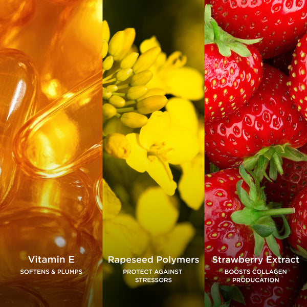Three-panel ingredient image displaying golden vitamin E capsules, bright yellow rapeseed flowers, and fresh strawberries, highlighting ingredients that soften, protect, and support collagen production.