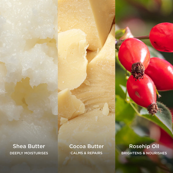 Shea Butter deeply moisturises, Cocoa Butter calms and repairs, and Rosehip Oil brightens and nourishes shown in a rich botanical ingredient collage.