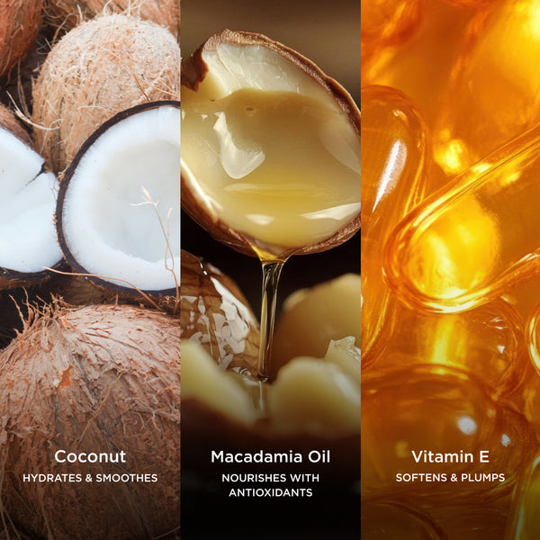 Three-panel ingredient image featuring coconuts, rich macadamia oil, and golden vitamin E capsules, showcasing hydrating oils and antioxidant-rich ingredients that soften and smooth skin.