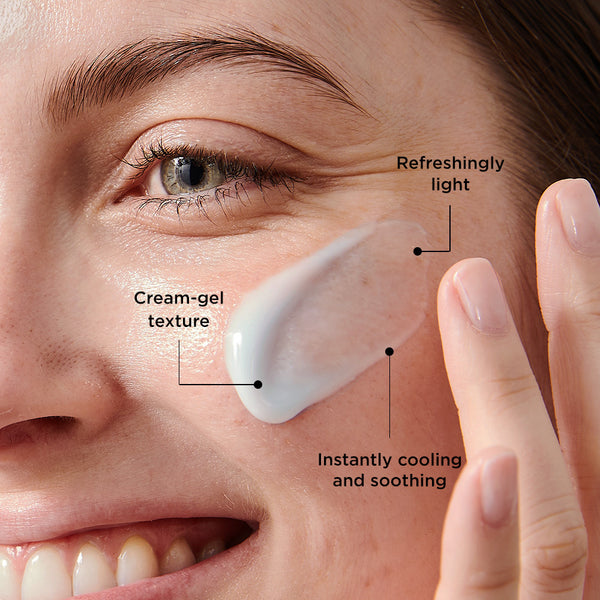 This image shows a close-up of a person applying Fresh Waves, a skincare product with a cream-gel texture, to their cheek. The annotations highlight its key features:

Refreshingly light feel.

Instantly cooling and soothing effect.

The product is designed to provide a hydrating and calming experience, perfect for refreshing the skin.