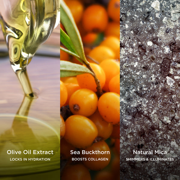 Three-panel ingredient image showing olive oil extract being poured, vibrant sea buckthorn berries, and natural mica minerals, representing ingredients that hydrate, support collagen, and provide a luminous finish.