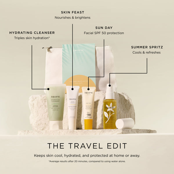 Tropic The Travel Edit skincare set featuring Hydrating Cleanser, Skin Feast moisturiser, Sun Day SPF 50 and Summer Spritz facial mist with a travel bag.
