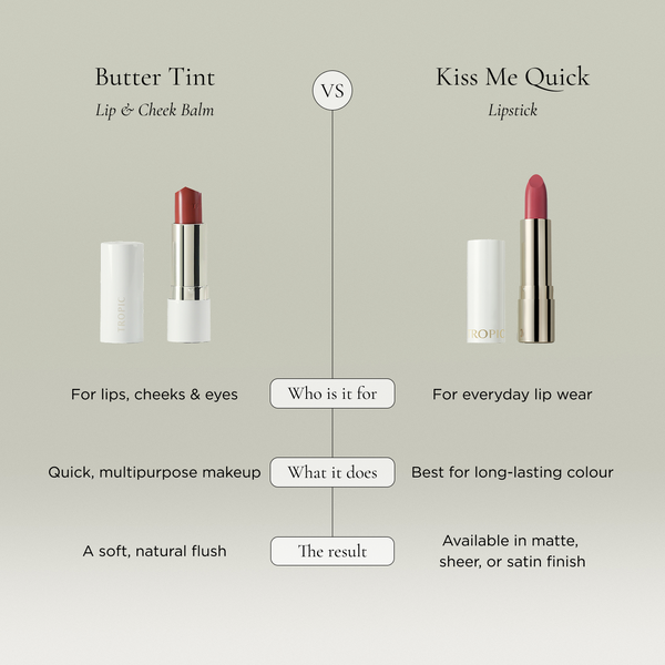 Butter Tint Lip & Cheek Balm vs Kiss Me Quick Lipstick comparison guide. Butter Tint is for lips, cheeks and eyes, offering quick, multipurpose makeup and a soft, natural flush. Kiss Me Quick is for everyday lip wear, delivers long-lasting colour, and is available in matte, sheer, or satin finish.