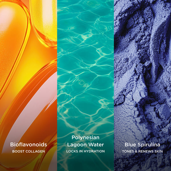 Bioflavonoids boost collagen, Polynesian Lagoon Water locks in hydration, and Blue Spirulina tones and renews skin in a vibrant skincare ingredient collage.