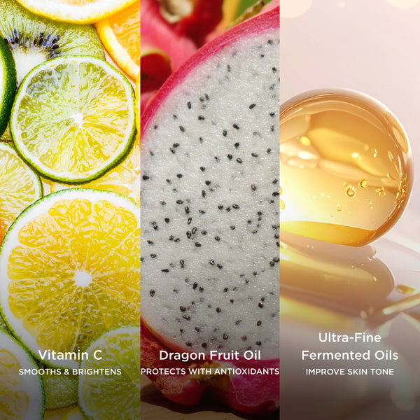 Vitamin C smooths and brightens, Dragon Fruit Oil protects with antioxidants, and Ultra-Fine Fermented Oils improve skin tone in a vibrant tropical collage.