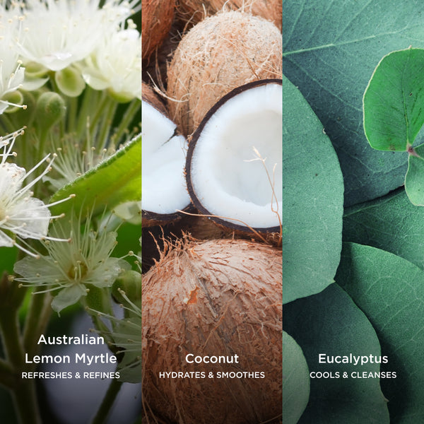 Australian Lemon Myrtle refreshes and refines, Coconut hydrates and smoothes, and Eucalyptus cools and cleanses.