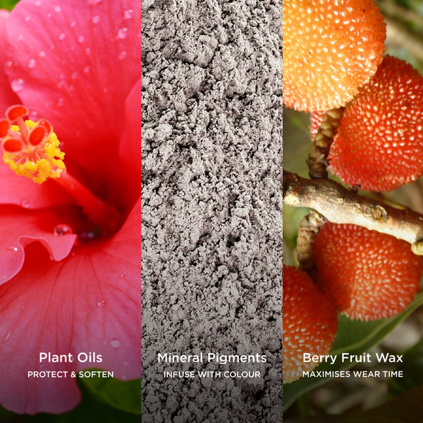 Three-panel ingredient image featuring plant oils, mineral pigments, and berry fruit wax, with on-image text highlighting softening, colour infusion, and long-lasting wear.