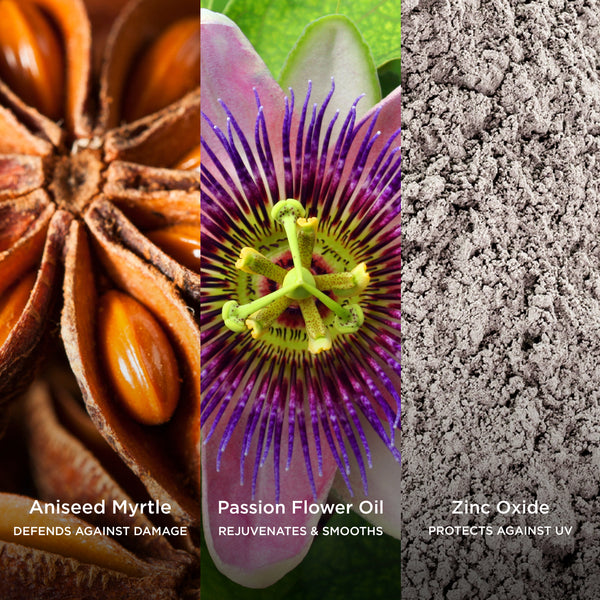 Ingredient collage featuring Aniseed Myrtle, Passion Flower Oil and Zinc Oxide, with on-image text highlighting their benefits: 