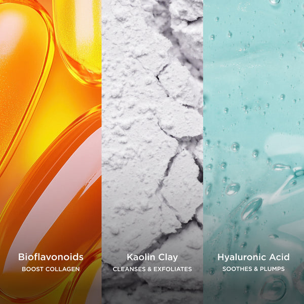 Three-panel ingredient image featuring bioflavonoids, kaolin clay, and hyaluronic acid, with on-image text describing collagen support, cleansing and exfoliating, and soothing, plumping benefits.