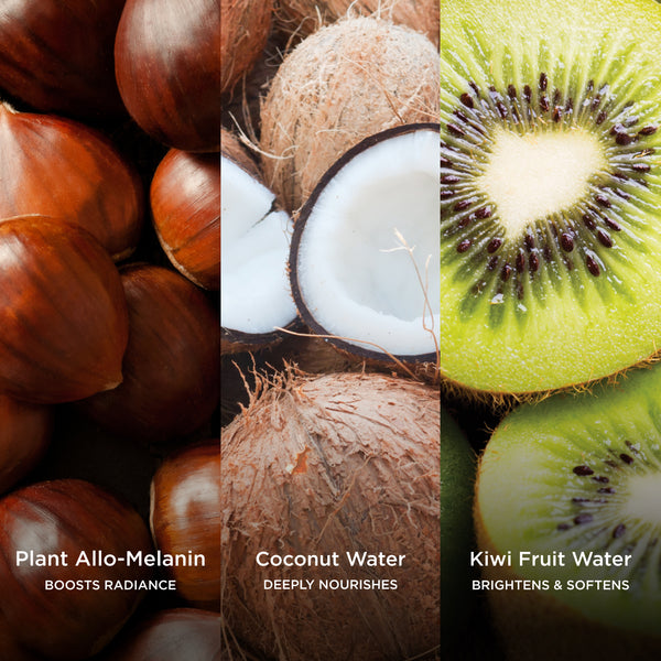 Three-panel ingredient image displaying plant allo-melanin nuts, coconut water, and sliced kiwi fruit, illustrating ingredients that support radiance, nourishment, and skin-brightening.