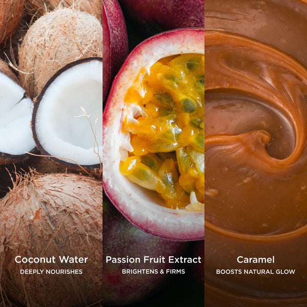 Coconut Water deeply nourishes, Passion Fruit Extract brightens and firms, and Caramel boosts natural glow in a tropical tanning ingredient image.