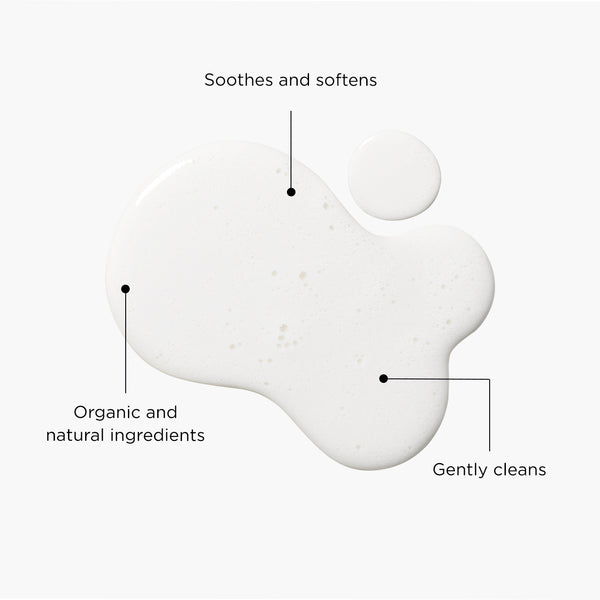 White creamy liquid texture swatch with labels highlighting benefits: organic and natural ingredients, soothes and softens, and gently cleans.