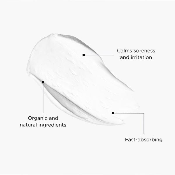 White cream texture swatch labelled with benefits: 