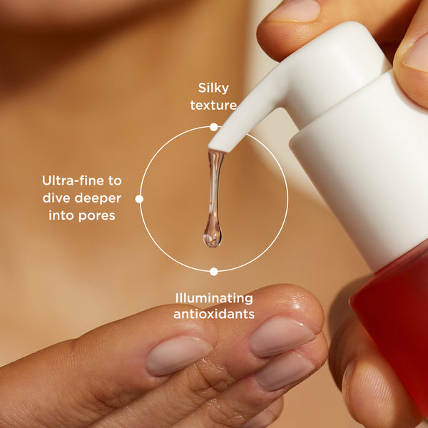 This image highlights the key features of Radiance Cleanser. The product is dispensed from a pump, showcasing its silky texture. Key annotations include:

Ultra-fine formula designed to dive deeper into pores.
Enriched with illuminating antioxidants for a radiant complexion.
This demonstrates the cleanser’s ability to deeply cleanse while enhancing skin's natural glow.