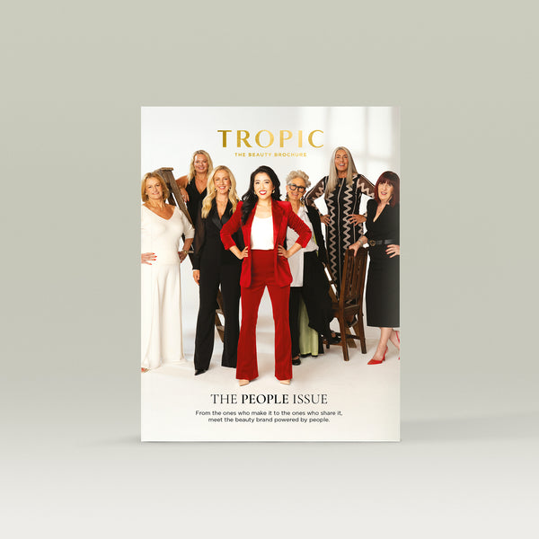Tropic Beauty Brochure cover featuring Susie Ma and a group of women, titled “The People Issue,” celebrating a community-powered beauty brand.