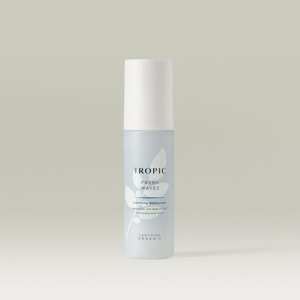 Tropic Fresh Waves Balancing Moisturiser bottle featuring a sleek frosted design with a white pump cap, formulated with probiotics, sea kelp extract, and hyaluronic acid for balanced, hydrated skin.